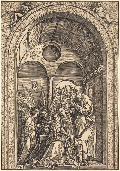 Die Heilige Familie mit zwei Engeln in einer gewölbten Halle von Albrecht Dürer