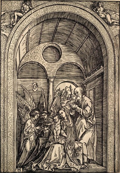 Die Heilige Familie mit zwei Engeln in einer gewölbten Halle von Albrecht Dürer