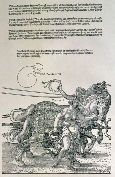 Triumphwagen von Kaiser Maximilian I. von Deutschland (1459-1519): (Detail) der Pferdeteams, geführt von zwei Tugenden, Vorsehung und Mäßigung, veröffentlicht ca. 1518 von Albrecht Dürer