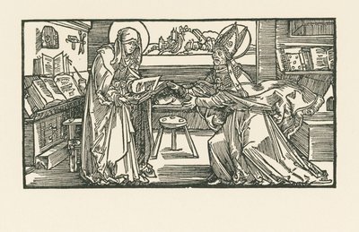 Heilige Birgitta in ihrer Kammer überreicht ihre Arbeit einem Bischof von Albrecht Dürer or Duerer