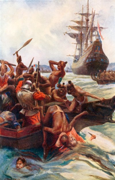 Tasmans Männer von Eingeborenen vor der Küste Neuseelands angegriffen von Alec Ball