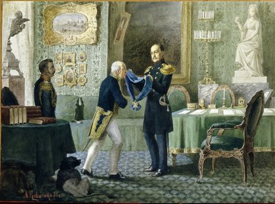 Kaiser Nikolaus I. von Russland (1796-1855) verleiht das blaue Band des Ordens des Heiligen Andreas an Graf Michail Speranski (1772-1839) von Aleksei Danilovich Kivshenko