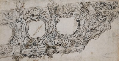 Entwurf für den Bug der Galerie von Papst Urban VIII mit den Barberini-Wappen von Bienen und Sonne, Ignudi, Tritonen, Hippokampen, Putti und einer Allegorie des Sieges als Galionsfigur unter den Buchstaben VRBA In von Alessandro Algardi