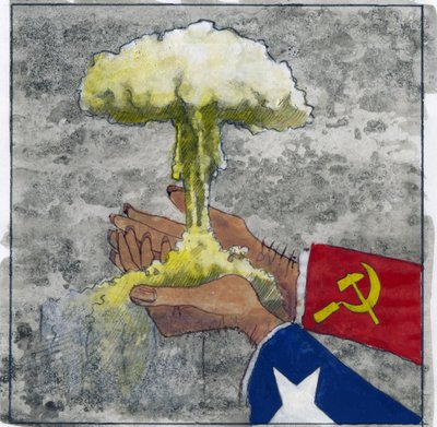 Allegorische Darstellung des Kalten Krieges als amerikanische und sowjetische Hände, die die Atompilzwolke halten - Illustration von Alessandro Lonati von Alessandro Lonati
