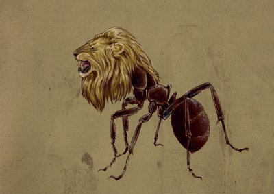 Fantastische Monster und Kreaturen, Kryptozoologie: Darstellung eines Myrmecoleo, Ameise mit Löwenkopf - Zeichnung von Alessandro Lonati, 2012 von Alessandro Lonati