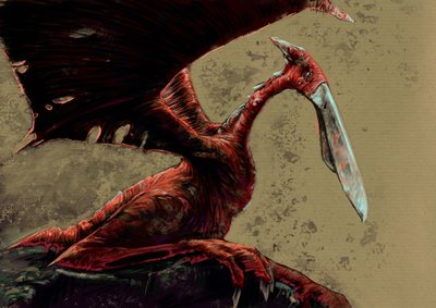 Fantastische Monster und Kreaturen, Kryptozoologie: Darstellung eines Kongamato, einer fliegenden pterosaurierähnlichen Kreatur, die in den Jiundu-Sümpfen des Mwinilunga-Distrikts in Westsambia gesehen worden sein soll - Zeichnung von Alessandro Lonati, 20 von Alessandro Lonati