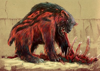 Fantastische Monster und Kreaturen, Kryptozoologie: der Nandi-Bär, der die Savannen von Tansania und Kenia bewohnt (Kerit, Chimit, Kikambungure, Duba und Sabroukoo) von Alessandro Lonati