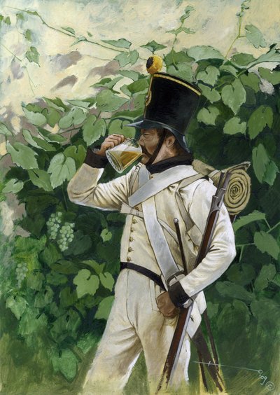 Erstes Kaiserreich: Österreichischer Linieninfanterieoffizier trinkt einen Bierkrug. Zeichnung von Alessandro Lonati von Alessandro Lonati