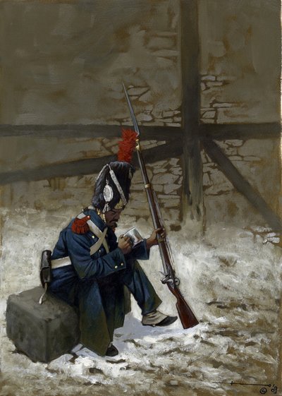 Erstes Kaiserreich: Gardegrenadier im Mantel, der im Schnee sitzt von Alessandro Lonati