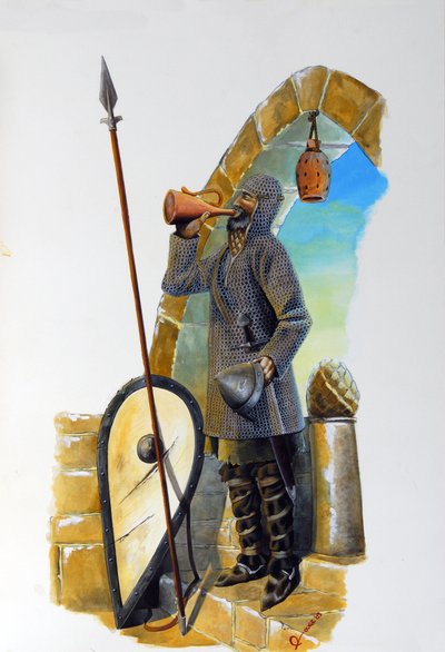 Erster Kreuzzug: ein ruhender Kranich, ausgestattet mit seinem Kettenhemd, trinkt aus der Karaffe, sein Schild und seine Lanze sind neben ihm platziert. von Alessandro Lonati