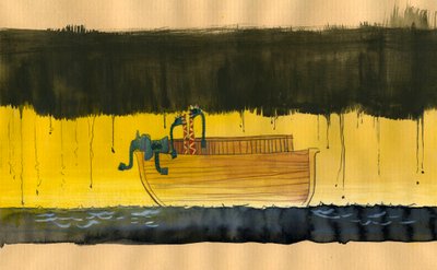 Verschmutzung und Umwelt: Noas Arche auf einem dunklen und verschmutzten Meer, das zwei Paare von Tieren mit Sauerstoffmasken wegen Luftverschmutzung trägt von Alessandro Lonati