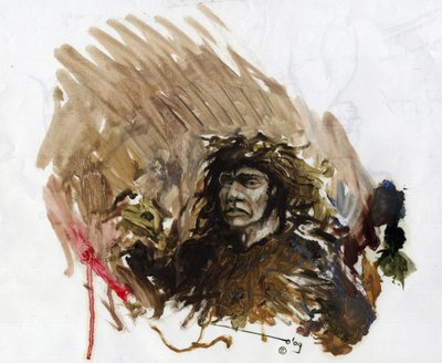Prähistorie: Darstellung eines Neandertalers im Mittelpaläolithikum. Zeichnung von Alessandro Lonati von Alessandro Lonati