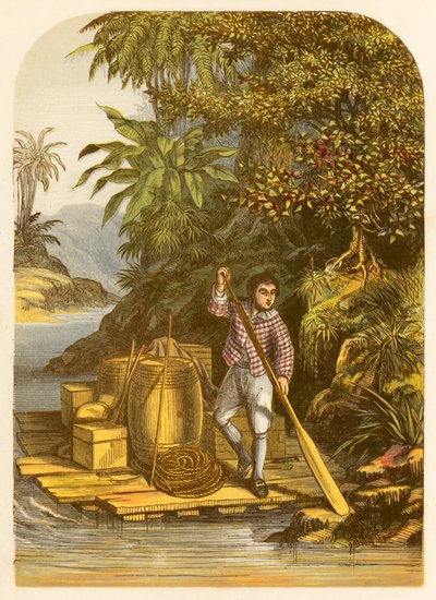 Robinson Crusoe rettet mit einem Floß viele nützliche Gegenstände vom Schiff von Alexander Francis Lydon