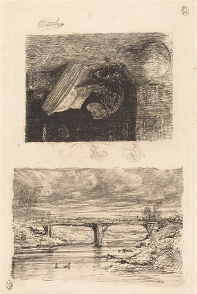 Flusslandschaft mit einer Brücke; Affe blättert in einem Buch von Alexandre Gabriel Decamps