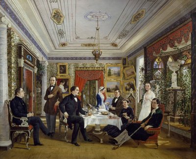Die Familie Tarnovskj beim Teetrinken am Tisch von Alexei Yakovlevich Voloskov