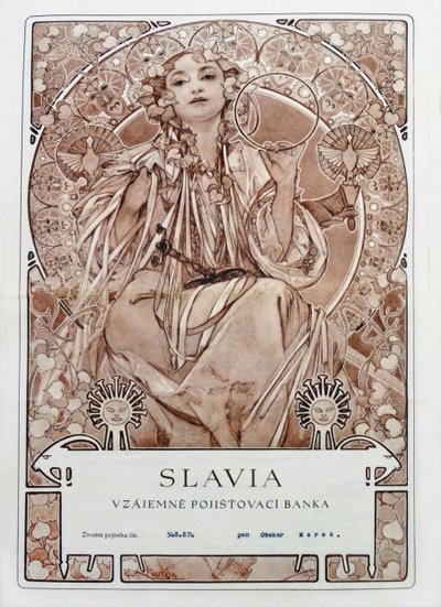 Versicherungspolice der Slavia Versicherungsgesellschaft, 1942 von Alfons Marie Mucha