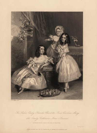 Porträt von Emily Blanche Charlotte, Rose Caroline und Emily Catherine Anne Somerset, Töchter von Henry Somerset, 7. Herzog von Beaufort. Drei junge Schwestern mit Locken in Satinkleidern mit Bändern und Spitze, Ballettschuhe. Stahlstich von J. Thomson und von Alfred Edward (after) Chalon