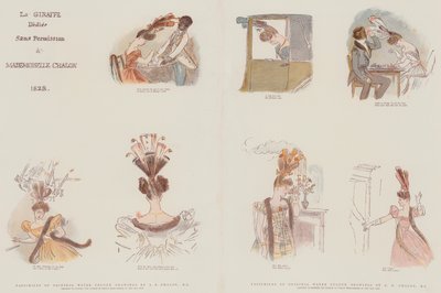 Faksimiles von Original-Aquarellzeichnungen, entworfen, um die Mode in weiblichen Kopfbedeckungen des Jahres 1828 zu satirisieren von Alfred Edward Chalon