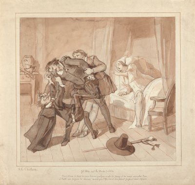 Gil Blas, während er unter Dr. Sangrado Medizin praktiziert, trifft Dr. Cuchillo am Bett des Lebensmittelhändlers von Alfred Edward Chalon