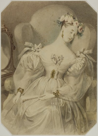 Frau im Abendkleid schläft im Sessel von Alfred Edward Chalon