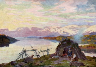 Eine Lappenhütte am See Torne Träsk, Mitternacht von Alfred Heaton Cooper