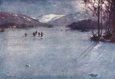 Lake District: In der Nähe der Fähre, Windermere, Schlittschuhlaufen im Mondlicht von Alfred Heaton Cooper