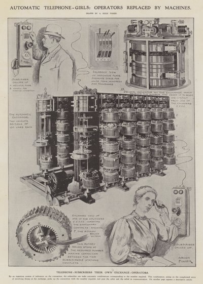 Automatische Telefonmädchen: Bedienerinnen durch Maschinen ersetzt (Lithographie) von Alfred Hugh Fisher