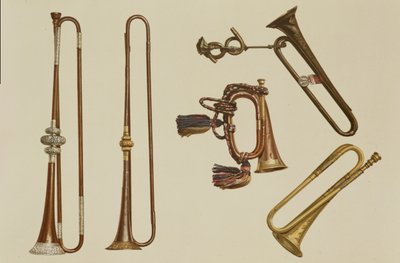 Kavallerietrompete, ein Horn, eine vergoldete Trompete von John Harris um 1730, eine Trompete und eine silbermontierte Trompete von William Ball um 1680, aus 