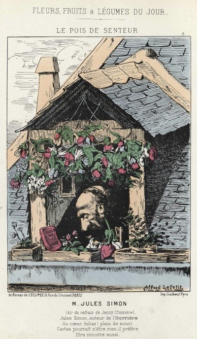 Le Peas de Fragreur: Karikatur über Jules Simon (1814 - 1896) - ill. vom 12/01/187 in „Blumen, Früchte und Gemüse des Tages“ von Alfred Le Petit