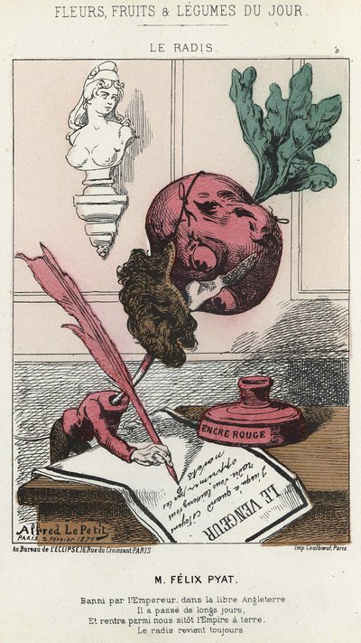 Le Radis: Karikatur über Félix Pyat (1810 - 1889) - ill. vom 02/02/187 in „Blumen, Früchte und Gemüse des Tages“ von Alfred Le Petit