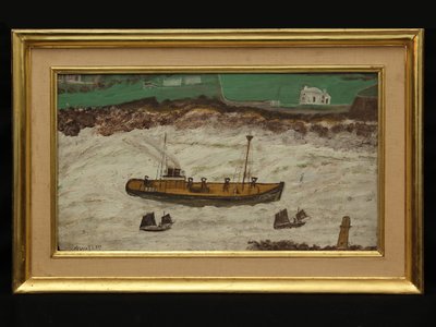 Drei Boote zwischen Leuchtturm und Küste, ca. 1930 von Alfred Wallis