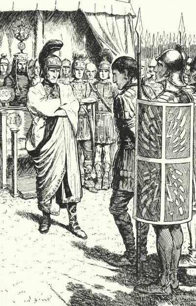 Der römische Kaiser Theodosius der Große verurteilt Magnus Maximus zum Tode wegen seiner Beteiligung am Mord an Gratian, 388 von Alfred Wallis Mills