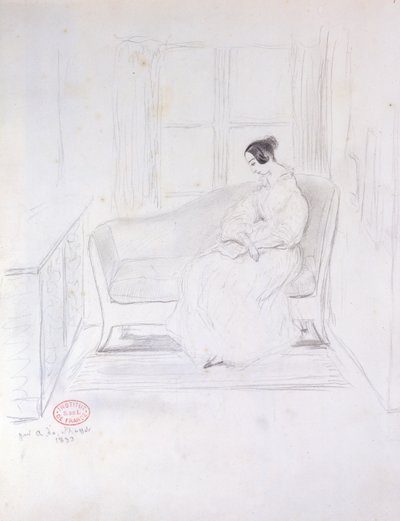 George Sand (1804-76), lesend auf einem Sofa neben einem Fenster, 1833 von Alfred de Musset