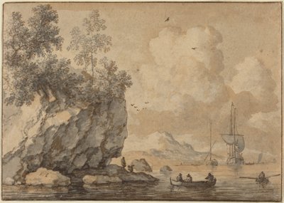 Figuren in Ruderbooten in einer felsigen Bucht, Segelschiffe dahinter von Allart van Everdingen