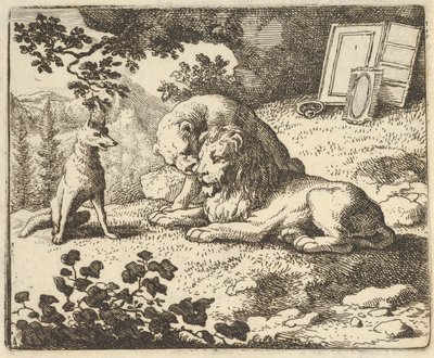 Renard lügt, dass er dem Widder verschiedene wertvolle Gegenstände gegeben hat, die für den Löwen bestimmt waren, 1650-75 von Allart van Everdingen