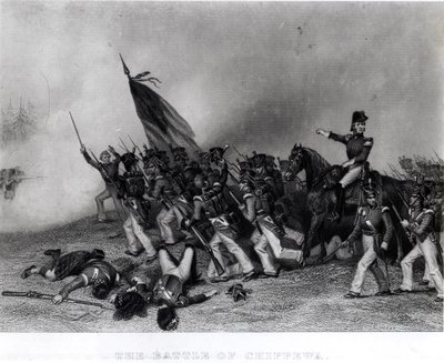 Die Schlacht von Chippewa, General Scott befiehlt den Angriff auf McNeils Bataillon, 5. Juli 1814, graviert von Johnson, Fry und Co. (Gravur) (s/w Foto) von Alonzo Chappel
