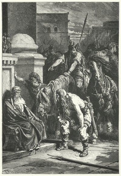 Der Tod des römischen Konsuls Marcus Papirius beim gallischen Überfall auf Rom, 387 v. Chr. (Stich) von Alphonse Marie de (after) Neuville