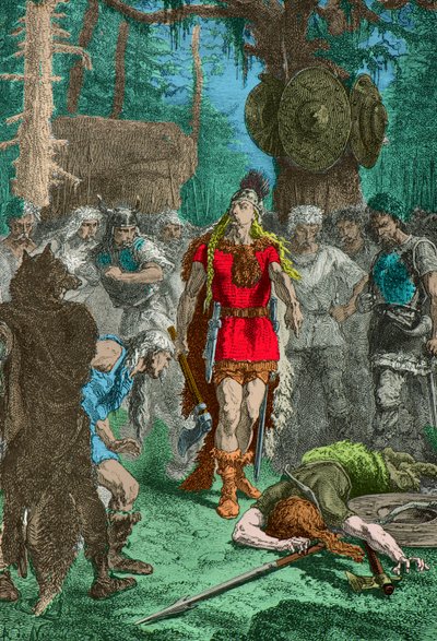 Clovis vor dem Krieger, den er nach der Beleidigung des Soissons-Vase getötet hat (Gravur) von Alphonse Marie de Neuville