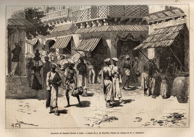 Die Kreuzung von Chandni Chowk, die Straße der Goldwürmer, die Hauptader der kommerziellen und handwerklichen Aktivitäten, die Delhi vom großen Tor des Palastes bis zum Tor von Lahore durchquert, Gravur nach der Zeichnung von A. de Neuville, zur Illustrati von Alphonse Marie de Neuville