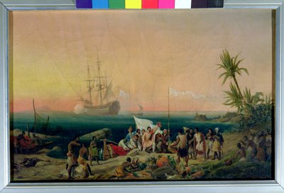 Jean de Bethencourt (ca. 1360-1425), normannischer Navigator, entdeckt die Insel Lanzarote im Jahr 1402, 1848 von Ambroise Louis Garneray