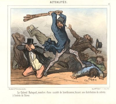 Der Oberst Ratapoil, Mitglied einer Wohltätigkeitsgesellschaft, verteilt Holzscheite zu Beginn des Winters. von Amédée de Noé