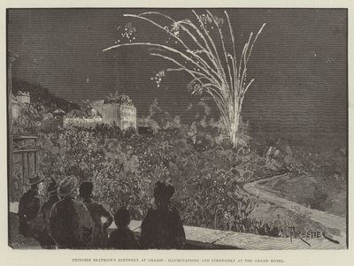 Prinzessin Beatrices Geburtstag in Grasse, Illuminationen und Feuerwerk im Grand Hotel von Amedee Forestier