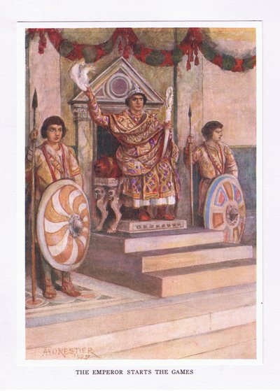 Der Kaiser eröffnet die Spiele, Illustration aus Der römische Soldat, 1928 von Amedee Forestier