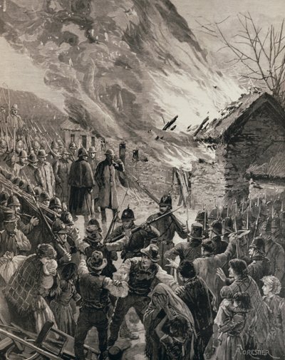 Der Mietkrieg in Irland: Verbrennung der Häuser von vertriebenen Mietern in Glenbeigh, County Derry, aus 
