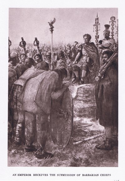 Der Kaiser empfängt die Unterwerfung barbarischer Häuptlinge, Illustration aus Der römische Soldat, 1928 von Amedee Forestier