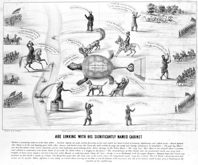 Abe Lincoln mit seinem bedeutend benannten Kabinett, veröffentlicht von M.E. Godwin, 1864 von American School