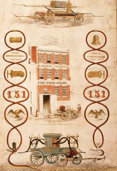 Werbung für Abraham Vanness, Feuerwehrgerätebauer und Hersteller von Feuerlöschgeräten, veröffentlicht von Geo. G. Gratacap, New York, ca. 1850 von American School