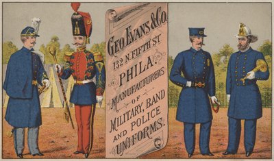 Werbung für George Evans & Co, Hersteller von Militär-, Band- und Polizeiuniformen, 132 N Fifth Street, Philadelphia von American School