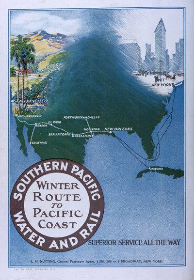 Werbung für die Winterroute zur Pazifikküste der Southern Pacific Water and Rail, aus dem Theatre Magazine von American School