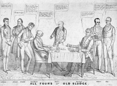 All Fours oder Old Sludge, politische Karikatur, die Präsident Martin Van Buren (1782-1862) zeigt, wie er Karten gegen William Henry Harrison (1773-1841) spielt, umgeben von anderen Staatsmännern und Politikern, 1836 von American School